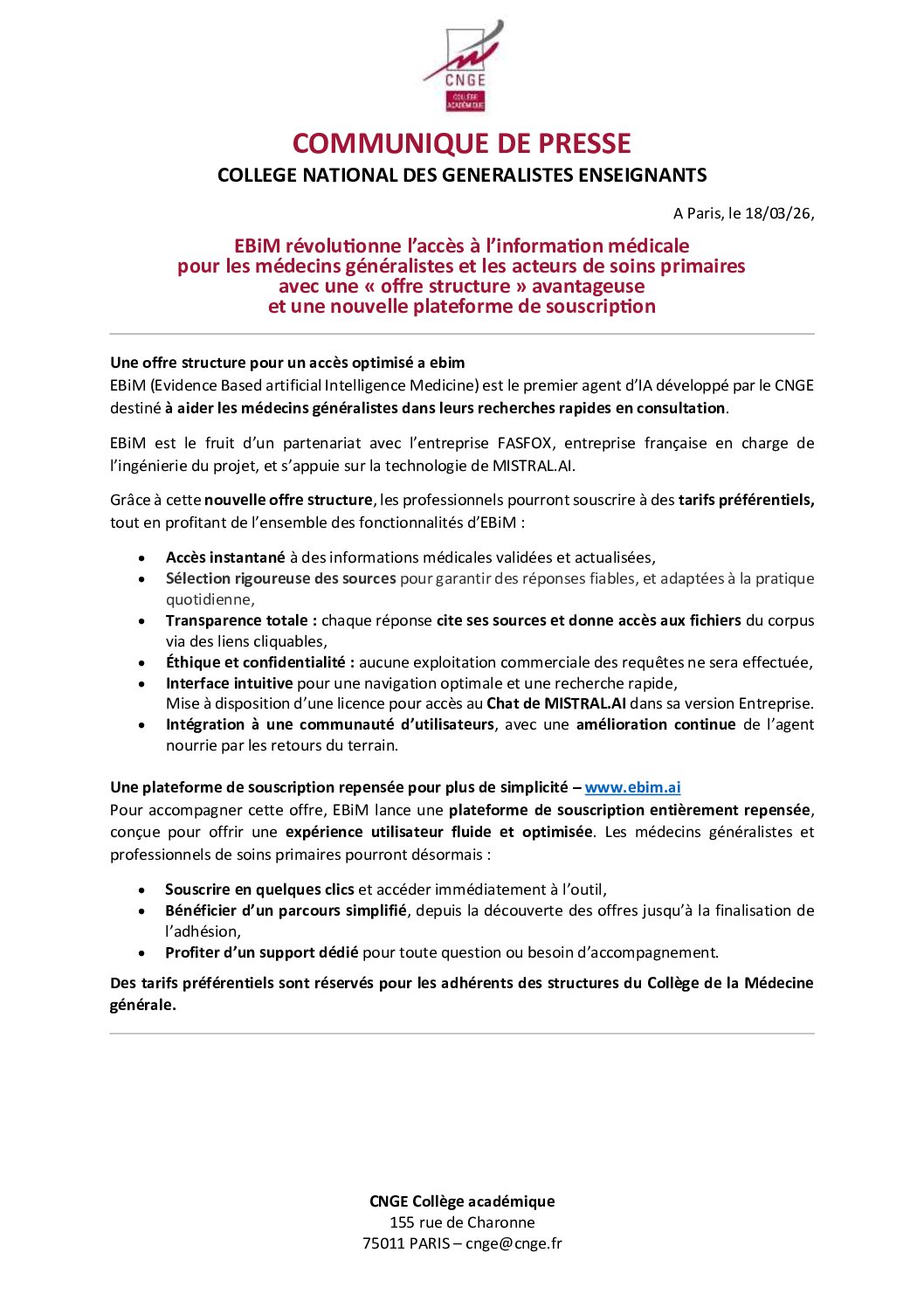 Communiqué de presse CNGE – EBiM révolutionne l’accès à l’information médicale pour les médecins généralistes et les acteurs de soins primaires avec une « offre structure » avantageuse et une nouvelle plateforme de souscription